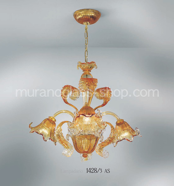 Lampadario 1428, Chandelier 1428, 3 lights, submerged amber color