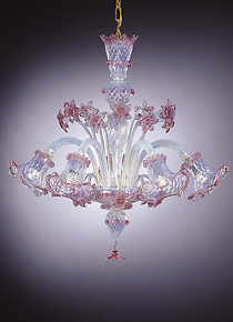 Chandelier in opal glass and pink decoration at six lights