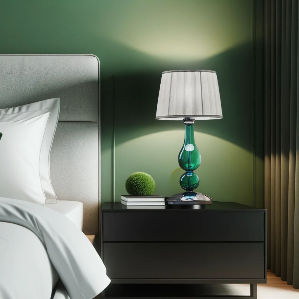 Bedroom with green lamp